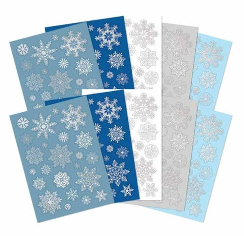 Hunkydory Crafts - Die-cuts - Let it Snow Snowflake. 10-sheet pack, 2 x A4 sheets in each of the 5 colourways.  Each pack contains 10 x A4 beautifully foiled & die-cut cardstock sheets, featuring a variety of delicate snowflake designs. Each sheet includes 23 different snowflakes, that’s a whopping 230 snowflakes in every pack! Available at Embellish Away located in Bowmanville Ontario Canada.