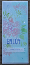 Load image into Gallery viewer, This card was made by Alicia. Stencils: Vicki Boutin Storyteller Pack Wild Souls (Script) and Gina K. Designs Bold Bouquet.  Inks: Catherine Pooler Garden Party &amp; Pixie Dust; Tim Holtz Distress Oxides Shaded Lilac, Salt Water Taffy, and Tumbled Glass. Versamark Dazzle Frost.  Dies: Gina K. Designs Enjoyable Greetings Shadow, Master Layouts 10 &amp; 2.  Stamp: Enjoyable Greetings. Available at Embellish Away located in Bowmanville Ontario Canada.
