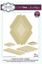 Load image into Gallery viewer, amie Rodgers Canvas Collection Diamond die set to create easy to build canvas and frame effects on your projects.  They are easy to construct and incredibly versatile, simply fold on the score lines and glue to create focal points for your projects. Includes 4 dies. Size: 4.6&quot; x 3.4&quot;. Available at embellishaway.ca in Bowmanville Ontario Canada.
