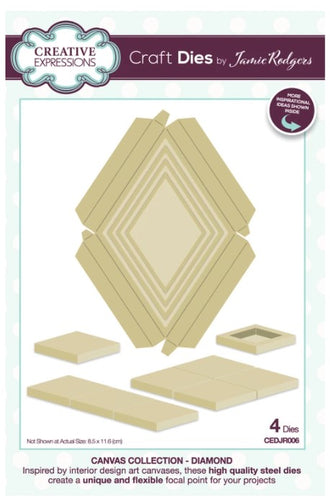 amie Rodgers Canvas Collection Diamond die set to create easy to build canvas and frame effects on your projects.  They are easy to construct and incredibly versatile, simply fold on the score lines and glue to create focal points for your projects. Includes 4 dies. Size: 4.6
