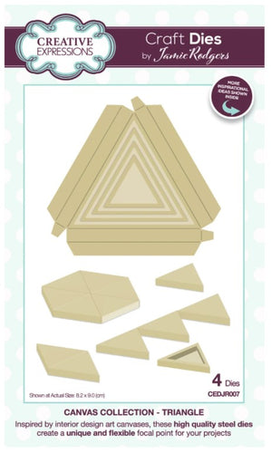 Creative Expressions - Jamie Rodgers Canvas Collection - Triangle. Use the Creative Expressions Jamie Rodgers Canvas Collection Triangle die set to create easy to build canvas and frame effects on your projects. They are easy to construct and incredibly versatile, simply fold on the score lines and glue to create focal points for your projects. Includes 4 dies. Size: 3.5