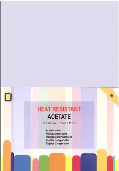 JeJe Produkt - Heat Resistant Acetate Sheets A4 - 10 sheet. Acetate sheets For making transparent greeting cards or for covering documents. They are also suitable for making shaker cards and for painting them with glass paint or permanent markers. Acetate sheets have a thickness of 250 microns. Includes 10 A4 sheets. Size: 11.7 x 8.3 inches. Available in Bowmanville Ontario Canada