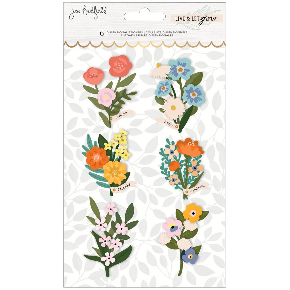 Jen Hadfield - Live & Let Grow - Layered Stickers - 6/Pkg - Floral W/Gold Foil. Available at Embellish Away located in Bowmanville Ontario Canada.