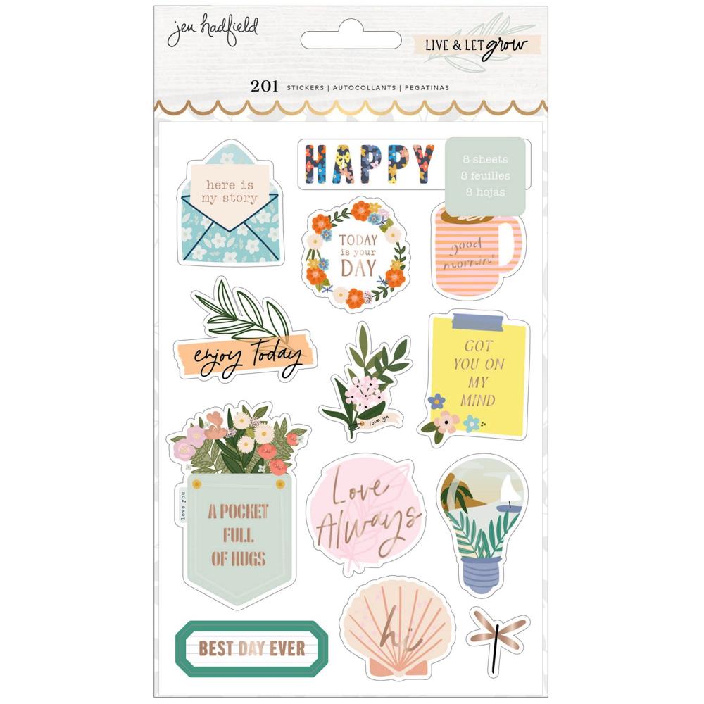Jen Hadfield - Live & Let Grow - Sticker Book W/Gold Foil Accents - 201/Pkg. This sticker book includes 8 sheets, 201 stickers. Availablea t Embellish Away located in Bowmanville Ontario Canada.