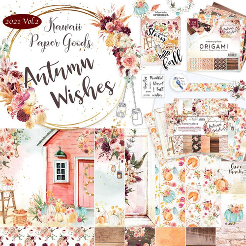 Memory Place - Kawaii Paper Goods Bundle Box - Autumn Wishes. Kawaii Paper Autumn Wishes quarterly bundle includes: 12 double-sided 12x12 inch Cardstock (2 each/6 designs), 1 Pack of Ephemera Die Cut Cardstock, 24 Sheets of 6x6 inch Origami Papers (6 each/4 designs), 1 clear stamp set, 1 roll of Washi tape (1 inch x 5.4 yards) and a bonus set of die-cut chipboard.  Available at Embellish Away located in Bowmanville Ontario Canada.