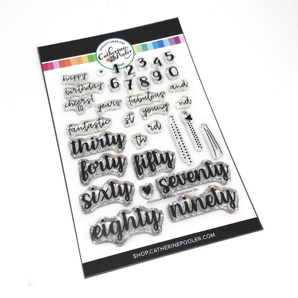 Catherine Pooler - Sentiment Mix Stamp Set - Milestone Birthday. This set offers endless ways of wishing someone Happy Birthday. Whether you choose between numbers or decades, you'll definitely add the perfect customized little touch to your birthday tags and cards this year. Available at Embellish Away located in Bowmanville Ontario Canada.