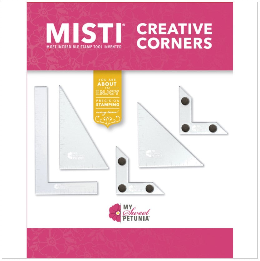My Sweet Petunia - Creative Corners. These magnetic corners and positioning pieces combine to provide even more possibilities for precision stamping. Creative Corners create internal bumpers and additional corners to create off-edge designs, as well as opportunities for precisely layered. Magnet Strength N50. Available at Embellish Away located in Bowmanville Ontario Canada.