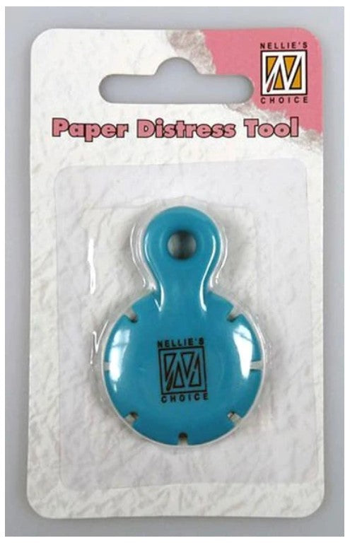 Nellie's Choice - Paper Distress Tool. A plastic circular case surrounds a metal cutting blade. Use this circular distresser on the edges of your paper to create a distressed, slightly ripped look for your vintage projects. An easy way to add interest and texture!  With the top circle, you can add this to a keychain with other tools if desired.  Size: 1.25