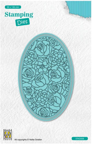Nellie's Choice - Stamping Die Oval - Roses. With this set you can stamp and die cut at the same time. Just ink the die and then run it through your die cutting machine. This 2 piece oval set has a floral design with roses and would be perfect for your cards and projects!  2 pcs: Size: 83x133 and 77x127mm | 3.3 x 5.3 and 3.0 x 5.0 inches Available at Embellish Away located in Bowmanville Ontario Canada.