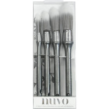 Load image into Gallery viewer, Nuvo - Stencil Brushes - 4/Pkg. Create beautiful imagery, stunning backgrounds and perfect ashes with the Nuvo Stencil Brushes. Each brush is finished with a sturdy coated wooden handle for a comfortable hold, and a durable stainless steel ferrule to prevent rust and water damage. This 4.25x10.75 inch package contains four nylon stencil brushes. Adult craft item-keep away from children. Available at Embellish Away located in Bowmanville Ontario Canada.
