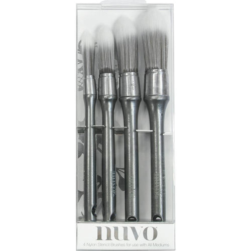 Nuvo - Stencil Brushes - 4/Pkg. Create beautiful imagery, stunning backgrounds and perfect ashes with the Nuvo Stencil Brushes. Each brush is finished with a sturdy coated wooden handle for a comfortable hold, and a durable stainless steel ferrule to prevent rust and water damage. This 4.25x10.75 inch package contains four nylon stencil brushes. Adult craft item-keep away from children. Available at Embellish Away located in Bowmanville Ontario Canada.
