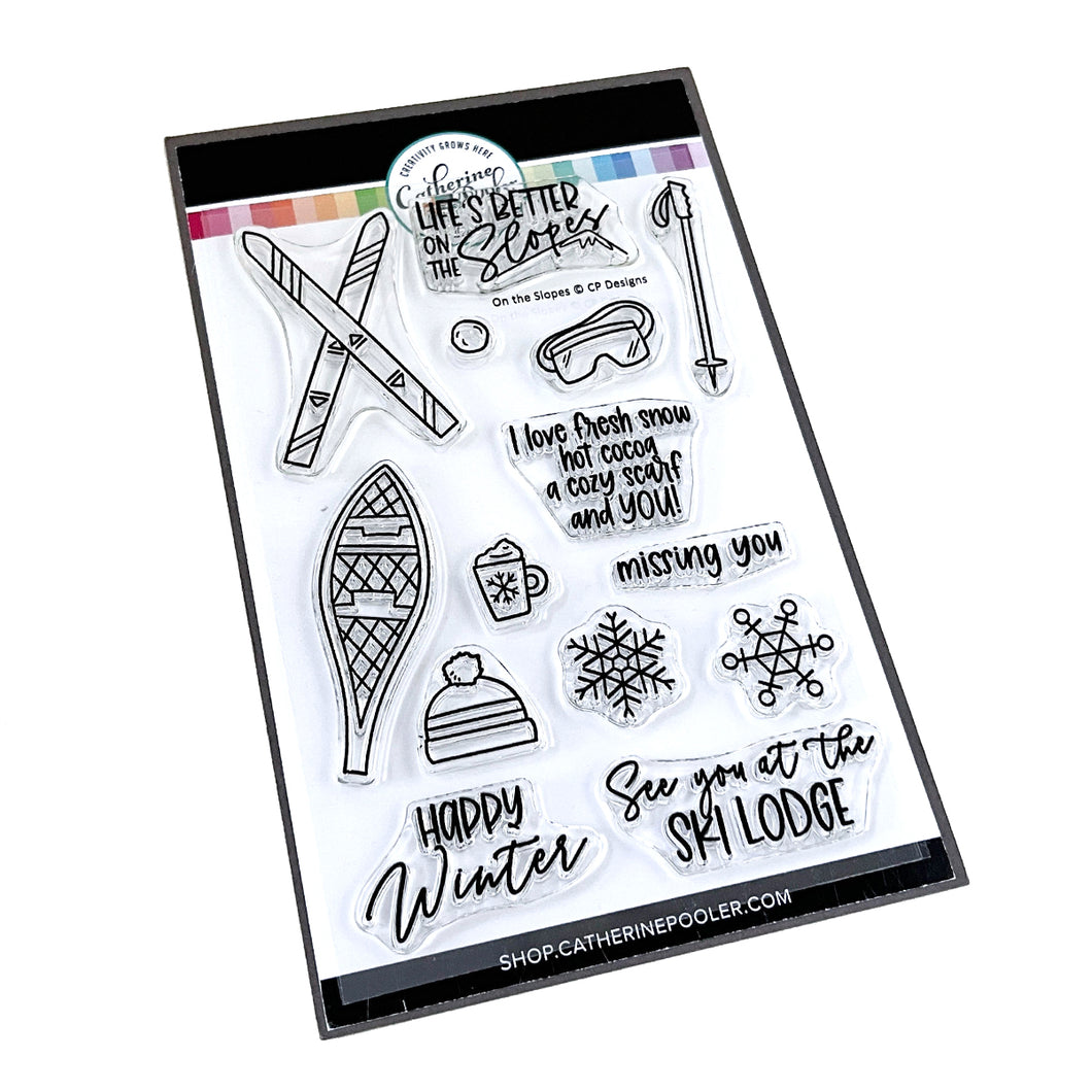 Catherine Pooler - Stamps & Dies - On The Slopes. It's time to hit the slopes! The On the Slopes Stamp Set is full of outdoor winter sport icons and gear, complete with hot cocoa! Available at Embellish Away located in Bowmanville Ontario Canada.