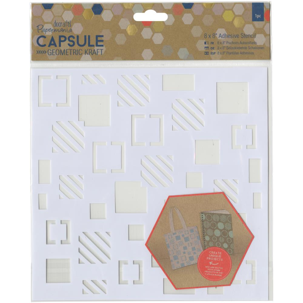 Docrafts-Papermania Geometric Kraft Adhesive Stencil: Squares. Perfect for craft projects, home decor and more! This package contains one 8x8 inch adhesive stencil. Imported. Available in Bowmanville Ontario Canada