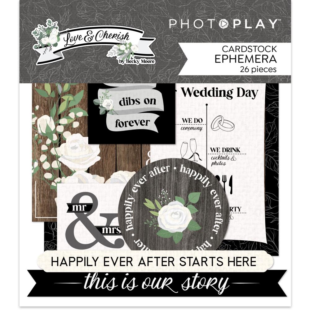 PhotoPlay - Ephemera Die Cuts - Love & Cherish. This package contains 26 Cardstock ephemera card pieces.  Coordinating Options: 12x12 Collection Pack, Photopolymer Stamp, Etched Die, Stencil 6x6. Available at Embellish Away located in Bowmanville Ontario Canada.