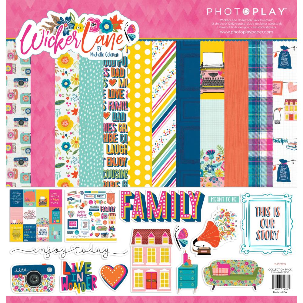 PhotoPlay - Collection Pack 12X12 - Wicker Lane. This package includes 12 Sheets of 12x12 double-sided designer sheet and 1 12x12 Elements Sticker Sheet, 13 Pieces. Designed by Michelle Coleman. Available at Embellish Away located in Bowmanville Ontario Canada.