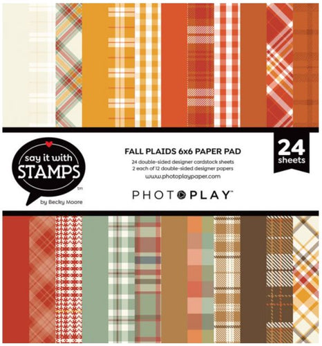 Photoplay - 6x6 Paper Pad - Fall Plaid. This 6x6 pad includes 24 double-sided designer cardstock sheets, 2 each of 12 double-sided designer papers. Available at Embellish Away located in Bowmanville Ontario Canada.