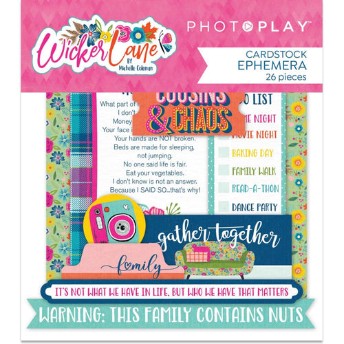 Photoplay - Wicker Lane - Ephemera Cardstock Die-Cuts. This package includes 26 die cut cardstock pieces. Designed by Michelle Coleman.  Coordinating Options: 12x12 Collection Pack, Stamp, Etched Die. Available at Embellish Away located in Bowmanville Ontario Canada.
