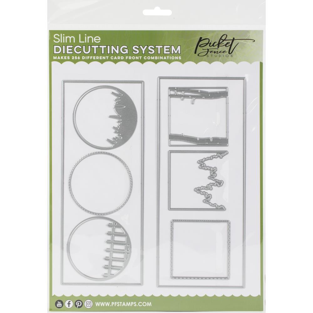Picket Fence Studios - Steel Dies - Slim Line Die System. Just the thing for customizing your paper crafting project! The ideal way to cut out a stamped image with ease and accuracy.  Available at Embellish Away located in Bowmanville Ontario Canada.