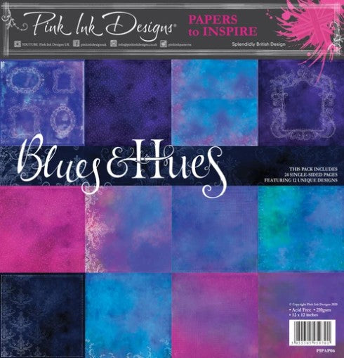 Pink Ink Designs Blues & Hues 12 in x 12 in Paper Pad. This pack includes 24 pages including 2 each of 12 unique designs. This paper is Acid Free, 210gsm weight and 12x12 inches. Available at Embellish Away located in Bowmanville Ontario Canada.
