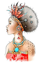 Load image into Gallery viewer, Pink Ink Designs - A5 Clear Stamp Set - African Queen. From the Women of the World series this is a beautifully hand drawn image that is an enchanting, hand drawn, woman captures the beauty of the African Continent. This beauty will lure you to the craft-room again and again. She comes with additional elements for you to add to your projects. Available at Embellish Away located in Bowmanville Ontario Canada.
