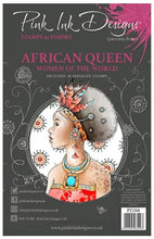 Cargar imagen en el visor de la galería, Pink Ink Designs - A5 Clear Stamp Set - African Queen. From the Women of the World series this is a beautifully hand drawn image that is an enchanting, hand drawn, woman captures the beauty of the African Continent. This beauty will lure you to the craft-room again and again. She comes with additional elements for you to add to your projects. Available at Embellish Away located in Bowmanville Ontario Canada.
