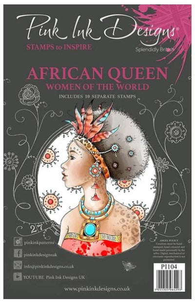 Pink Ink Designs - A5 Clear Stamp Set - African Queen. From the Women of the World series this is a beautifully hand drawn image that is an enchanting, hand drawn, woman captures the beauty of the African Continent. This beauty will lure you to the craft-room again and again. She comes with additional elements for you to add to your projects. Available at Embellish Away located in Bowmanville Ontario Canada.