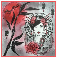 Load image into Gallery viewer, Pink Ink Designs - A5 Clear Stamp Set - Oriental Princess. From the Women of the World series this is a beautifully hand drawn image that is a fabulous princess in celebration of oriental women and culture. This stamp set will lure you to the craft-room again and again. She comes with additional elements for you to add to your projects. Available at Embellish Away located in Bowmanville Ontario Canada. Card example designed by Susan Foote.
