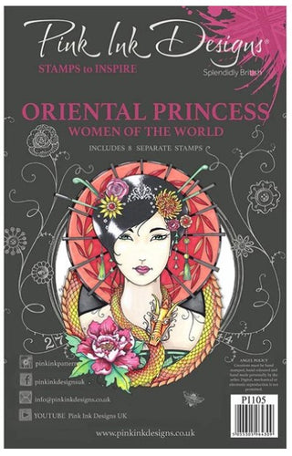 Pink Ink Designs - A5 Clear Stamp Set - Oriental Princess. From the Women of the World series this is a beautifully hand drawn image that is a fabulous princess in celebration of oriental women and culture. This stamp set will lure you to the craft-room again and again. She comes with additional elements for you to add to your projects. Available at Embellish Away located in Bowmanville Ontario Canada.