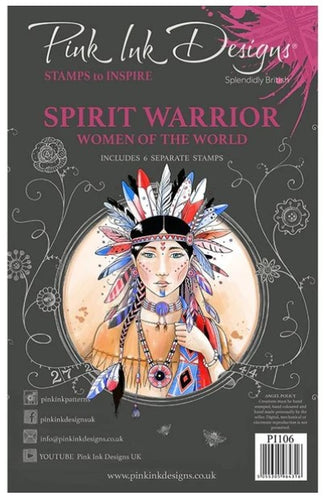 Pink Ink Designs - A5 Clear Stamp Set - Spirit Warrior. From the Women of the World series this is a beautifully hand drawn image is her own hero and celebrates Native American Women and culture. This stamp can be used in so many ways you will pull it out again and again. She comes with additional elements for you to add to your projects. Available at Embellish Away located in Bowmanville Ontario Canada.