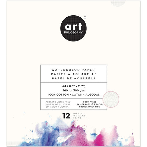 Prima Marketing - Art Philosophy Watercolor Paper Pad - A4 - 12 Sheets. Art Philosophy Watercolor Paper is ideal for mixed media painting, collage, watercolor and more. Package contains twelve A4 sheets. 140lb (300 gsm). 100% cotton cold press. Acid and Lignin free. Imported. Available at Embellish Away located in Bowmanville Ontario Canada.