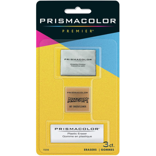 Prismacolor Premier - Erasers 3/Pkg. A set of erasers for all your drawing and sketching needs. This package contains one 1.75x1 inch Kneaded Rubber Eraser, one 1x1 inch Artgum Eraser, and one 2.5x.75 inch White Plastic Eraser. Made in USA and Imported. Available in Bowmanville Ontario Canada.