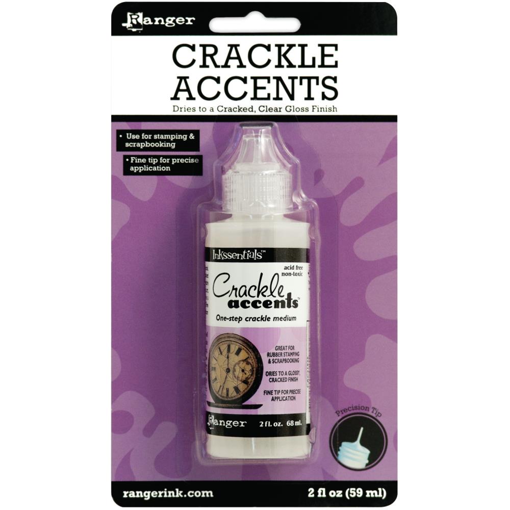 RANGER-Inkssentials Crackle Accents Precision Tip. A one-step dimensional gloss medium that dries to a crackled finish on most porous surfaces. Use to accent and protect rubber stamped images decorative cardstock clip art die-cuts ephemera stickers chipboard letters and more.  Availbale at Embellish Away located in Bowmanville Ontario Canada.