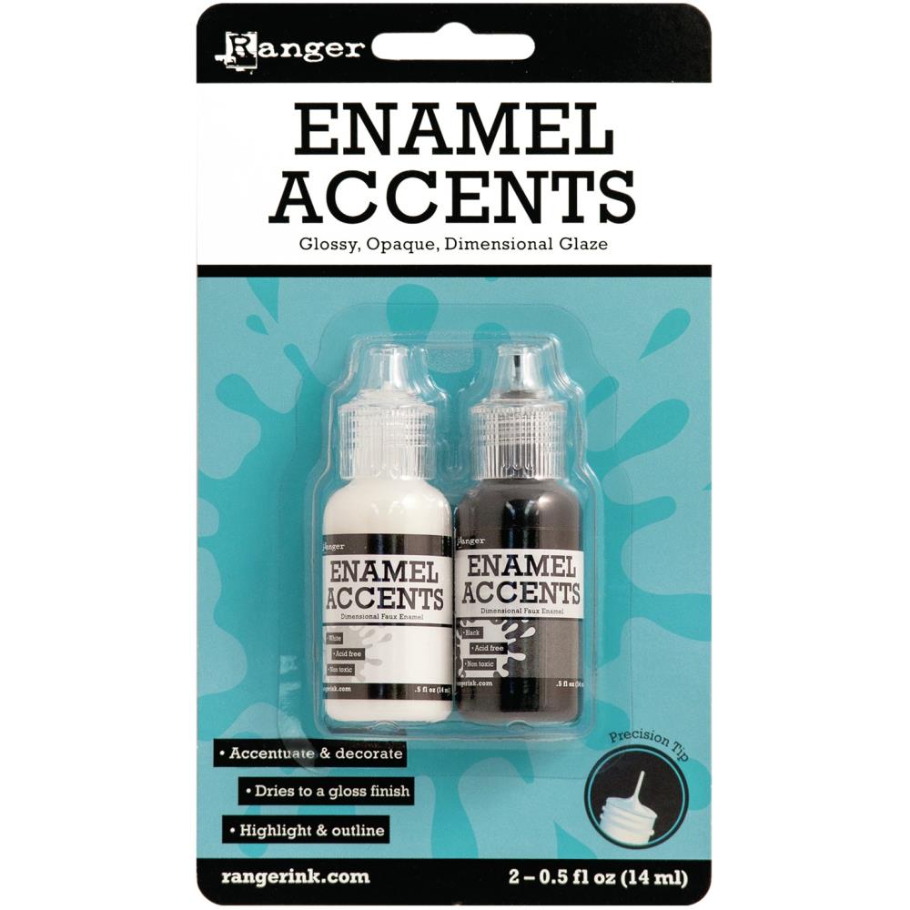 Ranger - Enamel Accents .5oz - 2/Pkg - Black & White. RANGER-Inkssentials Enamel Accents. Create the high-gloss look of enamels on cards, scrapbook pages, jewelry and more! These accents have a glossy, opaque, dimensional glaze and are also acid-free and non-toxic. Available at Embellish Away located in Bowmanville Ontario Canada.