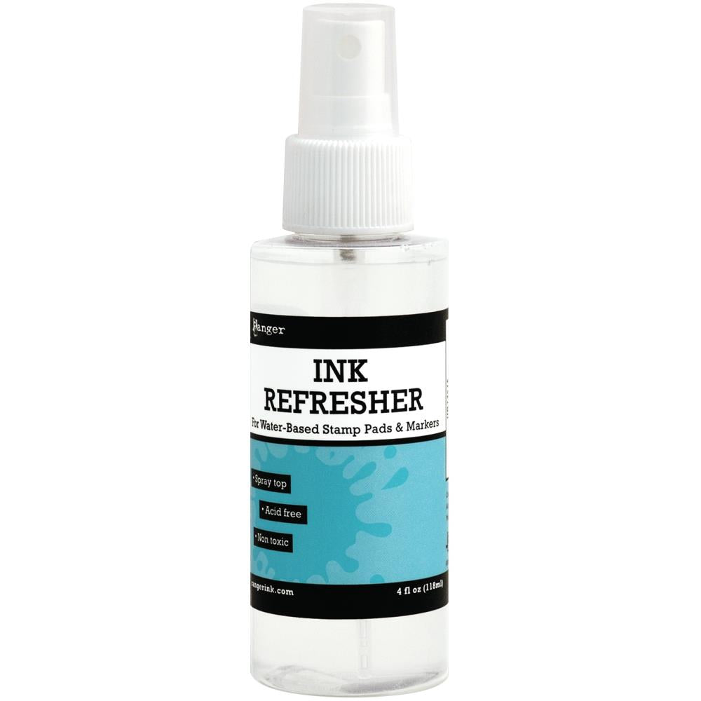 Ranger - Ink Refresher Spray - 4oz. Rehydrates ink pads and water-base markers. This package contains one 4oz spray bottle of ink refresher spray. Non-toxic. Acid free. Made in USA. Available at Embellish Away located in Bowmanville Ontario Canada.