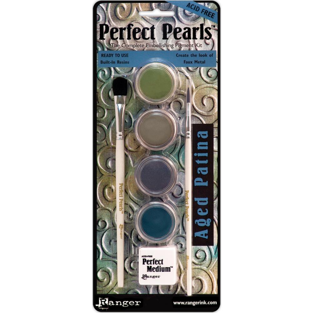 Ranger - Perfect Pearls Pigment Powder Kit - Aged Patina. RANGER-Perfect Pearls includes 4 coordinating powders, Perfect Medium pad, detail and dusting brushes. Specially developed with a built-in resin. Perfect Pearls pigments are easy to use wet or dry. Mix with watercolors, inks, acrylic paints, ultra thick embossing enamel, embossing powders, clay, and other mediums for radiant results. Tips and technique booklet. Acid free. Made in USA. Available at Embellish Away located in Bowmanville Ontario Canada.