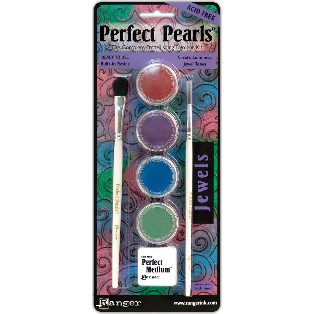 Ranger - Perfect Pearls Pigment Powder Kit - Jewels. RANGER-Perfect Pearls includes 4 coordinating powders, Perfect Medium pad, detail and dusting brushes. Specially developed with a built-in resin. Perfect Pearls pigments are easy to use wet or dry. Mix with watercolors, inks, acrylic paints, ultra thick embossing enamel, embossing powders, clay, and other mediums for radiant results. Tips and technique booklet. Acid free. Made in USA. Available at Embellish Away located in Bowmanville Ontario Canada.