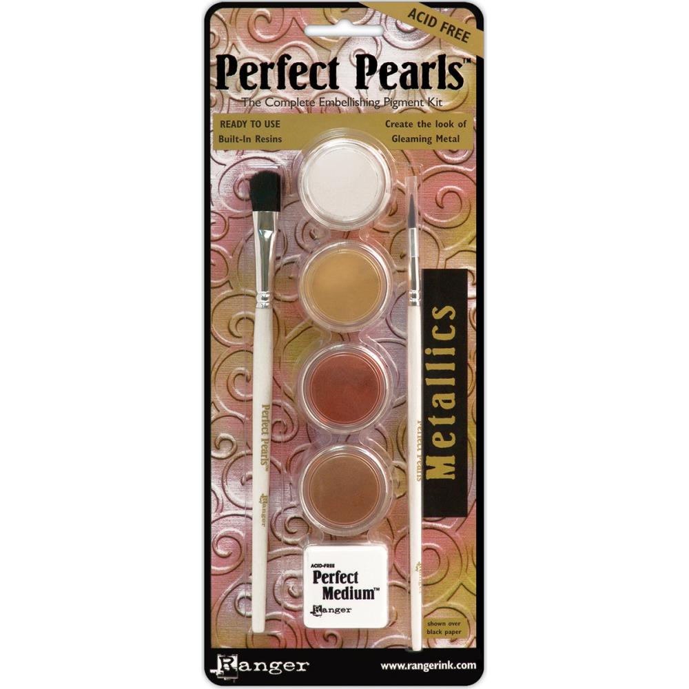 Ranger - Perfect Pearls Pigment Powder Kit - Metallics. RANGER-Perfect Pearls includes 4 coordinating powders, Perfect Medium pad, detail and dusting brushes. Specially developed with a built-in resin. Perfect Pearls pigments are easy to use wet or dry. Mix with watercolors, inks, acrylic paints, ultra thick embossing enamel, embossing powders, clay, and other mediums for radiant results. Tips and technique booklet. Acid free. Made in USA. Available at Embellish Away located in Bowmanville Ontario Canada.