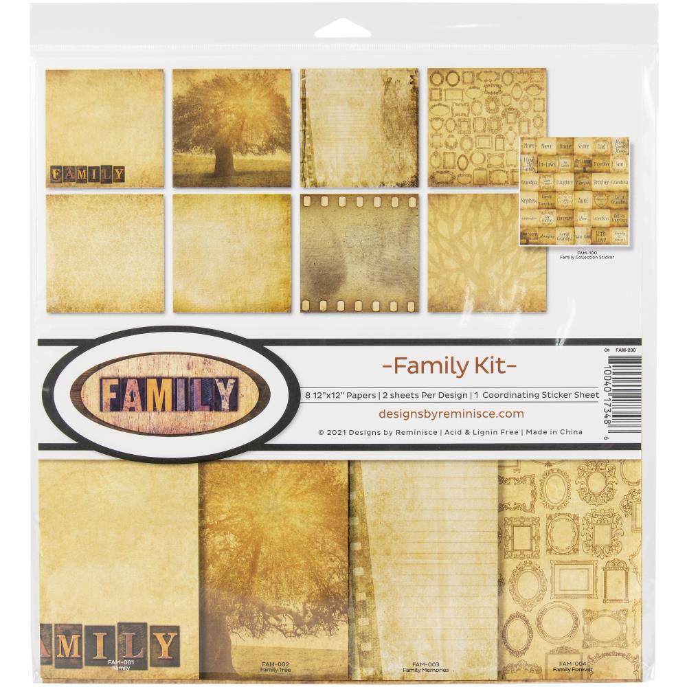 Reminisce - Collection Kit 12x12 - Family. This package includes 8 12x12/2 of each design and one 36 piece die cut Sticker Elements Sheet. Available at Embellish Away located in Bowmanville Ontario Canada.