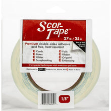 Load image into Gallery viewer, Scor-Tape - .125&quot;X27yd. Premium double-sided adhesive that is perfect for cards, boxes, glitter, embossing, scrapbooking, foils, ribbon, origami, iris folding, micro beads, and much more! Tape is acid free and heat resistant. Available at Embellish Away located in Bowmanville Ontario Canada.

