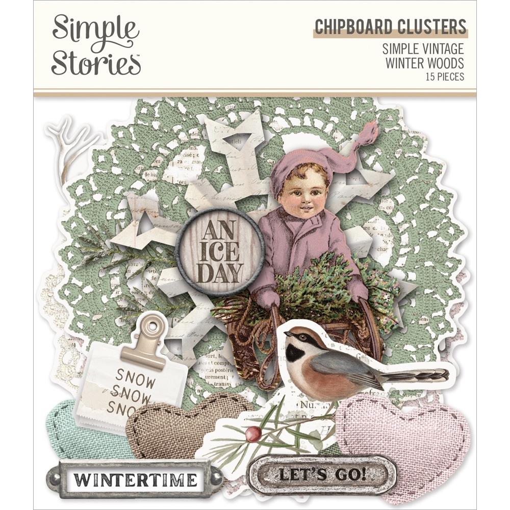 Simple Stories - Chipboard Clusters- Simple Vintage Winter Woods. Embellishments can add whimsy, dimension, color and style to greeting cards, scrapbook pages, altered art, mixed media and more. Available at Embellish Away located in Bowmanville Ontario Canada.
