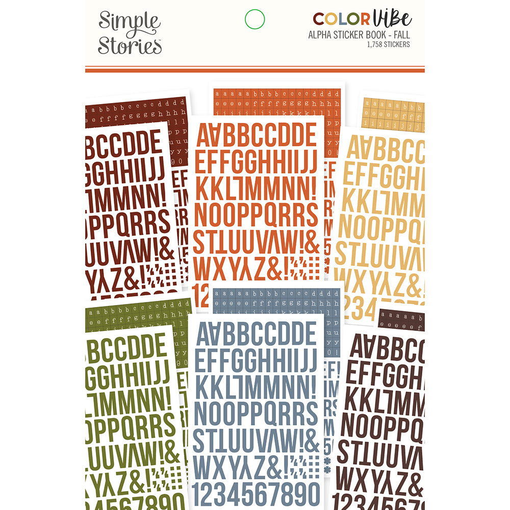 Simple Stories - Color Vibe - Fall Alphabet Sticker Book. This sticker book includes 12 sticker sheets, 1758 stickers total. Available at Embellish Away located in Bowmanville Ontario Canada.