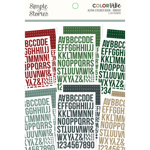Simple Stories - Color Vibe - Winter Alphabet Sticker Book. This sticker book includes 12 sticker sheets, 1758 stickers total. Available at Embellish Away located in Bowmanville Ontario Canada.