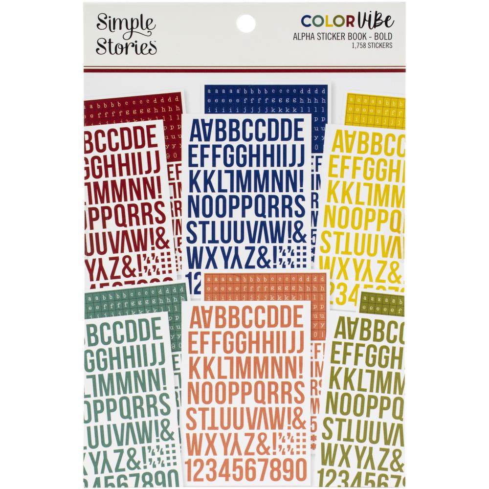 Simple Stories - Color Vibe Alpha Sticker Book 12/Sheets - Bold - 1758/Pkg. The perfect addition to your scrapbooks, cards and more! This package contains 12 5.5x8.25 inch sheets with 1,758 stickers total. Acid and lignin free. Imported. Available at Embellish Away located in Bowmanville Ontario Canada. 