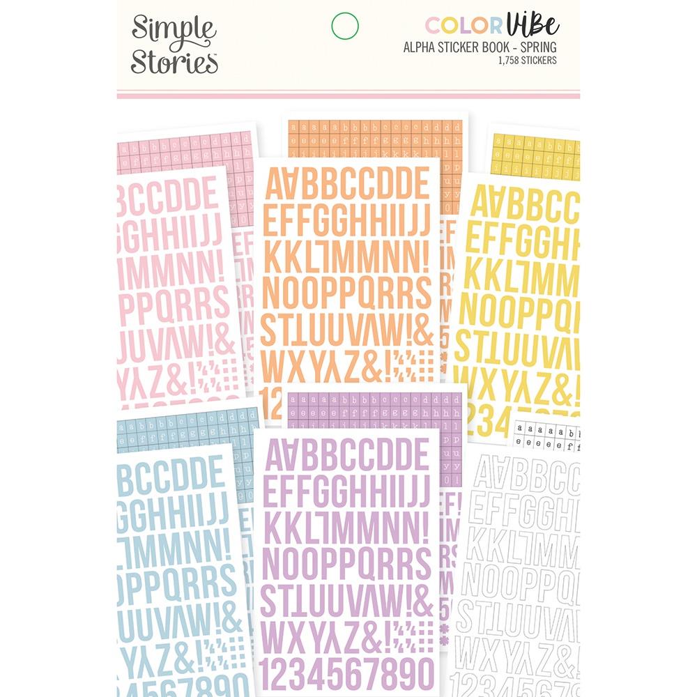 Simple Stories - Color Vibe Alpha Sticker Book 12/Sheets - Spring - 1758/Pkg. The perfect addition to your scrapbooks, cards and more! This package contains 12 5.5x8.25 inch sheets with 1,758 stickers total. Acid and lignin free. Imported. Available at Embellish Away located in Bowmanville Ontario Canada.