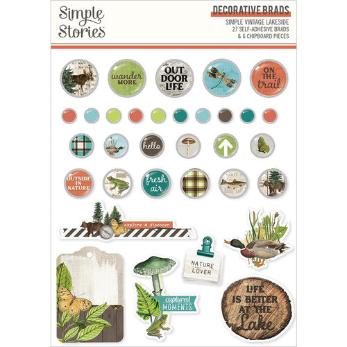 Simple Stories - Decorative Brads - Vintage Lakeside. This package contains 27 self adhesive brads and 6 chipboard pieces, 33 pieces. Add unique embellishments to greeting cards, scrapbooking pages, mixed media and all your craft projects with decorative brads and chipboard pieces. Made in USA. Available at Embellish Away located in Bowmanville Ontario Canada.