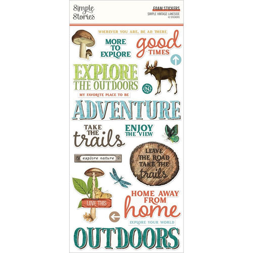 Simple Stories - Foam Stickers - 42/Pkg - Vintage Lakeside. If you want to add a bit of dimension to your projects these foam stickers will do the job. This package is sure to add the finishing touches to your projects. made in USA. Available at Embellish Away located in Bowmanville Ontario Canada.