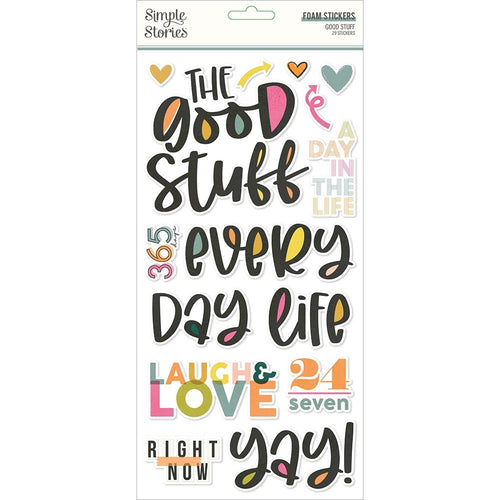 Simple Stories - Good Stuff - Foam Stickers - 29/Pkg. Add dimension and color to your paper crafts! This package contains Good Stuff Foam Stickers, 29 pieces. Imported. Available at Embellish Away located in Bowmanville Ontario Canada.