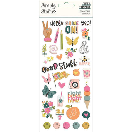 Simple Stories - Good Stuff - Puffy Stickers - 35/Pkg. Add dimension to scrapbook pages, greeting cards and more with puffy stickers. Package contains Simple Stories Puffy Stickers in 35 coordinating designs. Imported. Available at Embellish Away located in Bowmanville Ontario Canada.