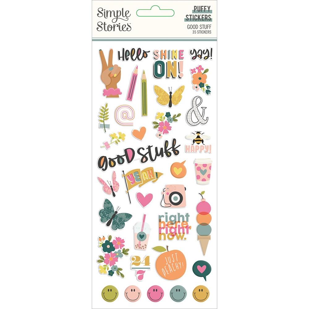 Simple Stories - Good Stuff - Puffy Stickers - 35/Pkg. Add dimension to scrapbook pages, greeting cards and more with puffy stickers. Package contains Simple Stories Puffy Stickers in 35 coordinating designs. Imported. Available at Embellish Away located in Bowmanville Ontario Canada.