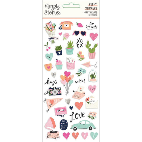 Simple Stories - Happy Hearts - Puffy Stickers - 43/Pkg. Add dimension to scrapbook pages, greeting cards and more with puffy stickers. Package contains Simple Stories Puffy Stickers in 43 coordinating designs. Imported. Available at Embellish Away located in Bowmanville Ontario Canada.